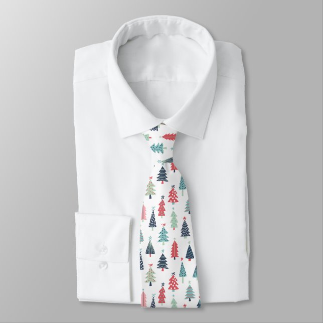 Bright Festive Christmas Tree Pattern  Tie (Tied)