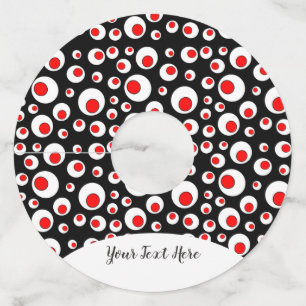 Bright Festive Red Balls in White Circles on black Wine Glass Tag