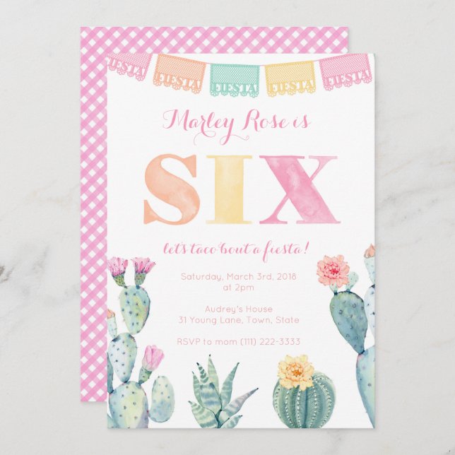 Bright Fiesta 6th birthday cactus party for girl Invitation (Front/Back)