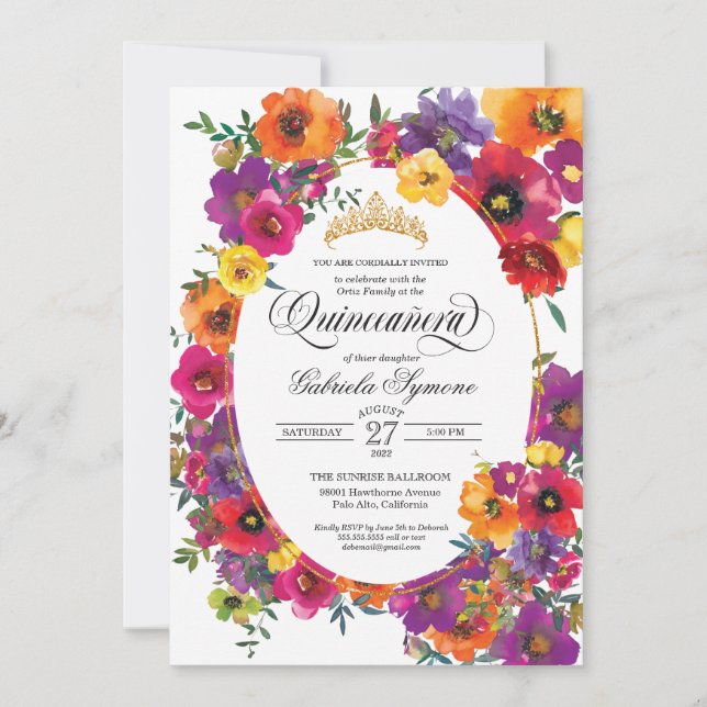 Bright Fiesta Flower Watercolor Floral Quinceañera Invitation (Front)