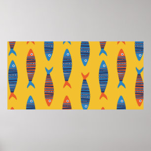 Bright fishes seamless pattern. Seaside hand drawn Poster