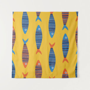 Bright fishes seamless pattern. Seaside hand drawn Tapestry