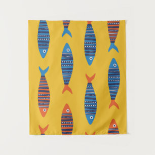 Bright fishes seamless pattern. Seaside hand drawn Tapestry