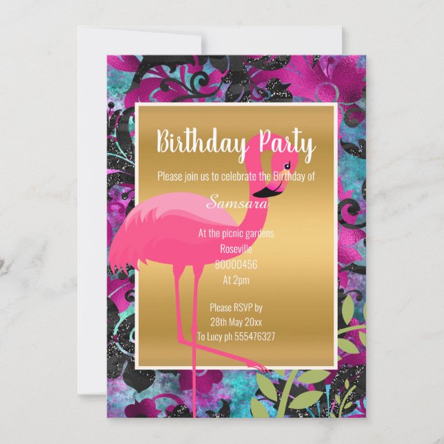 BRIGHT FLAMINGO HAWAIIAN FLORAL GOLD INVITATION (Front)