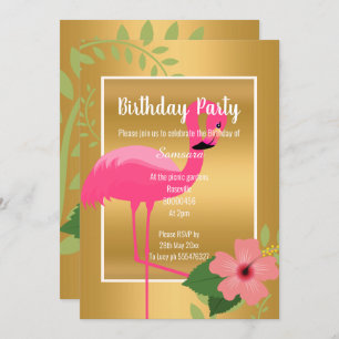 BRIGHT FLAMINGO HIBISCUS BLACK WHITE GOLD INVITATION
