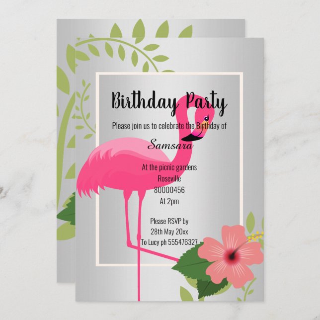 BRIGHT FLAMINGO HIBISCUS SILVER BIRTHDAY  INVITATION (Front/Back)