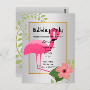 BRIGHT FLAMINGO HIBISCUS SILVER GOLD BIRTHDAY  INV POSTCARD