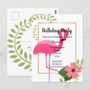 BRIGHT FLAMINGO HIBISCUS WHITE GOLD BIRTHDAY POSTCARD