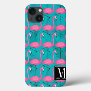Bright Flamingo Pattern Add Your Initial iPhone 13 Case