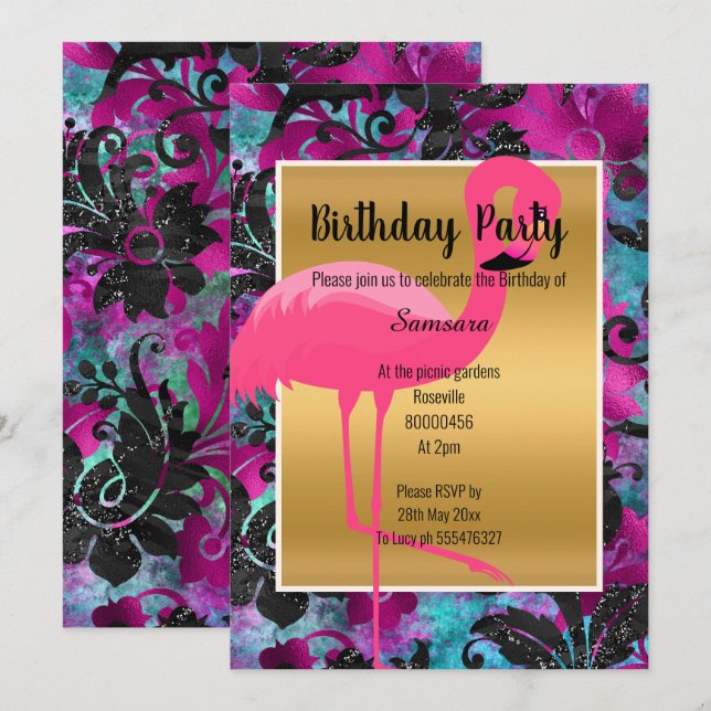BRIGHT FLAMINGO TROPICAL FLORAL INVITATION (Front/Back)