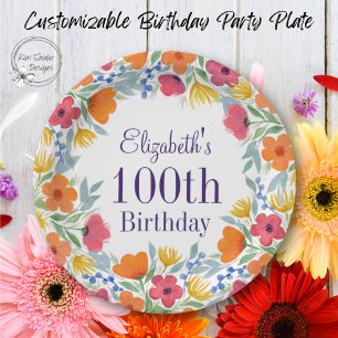 Bright Floral 100th Birthday  Paper Plate