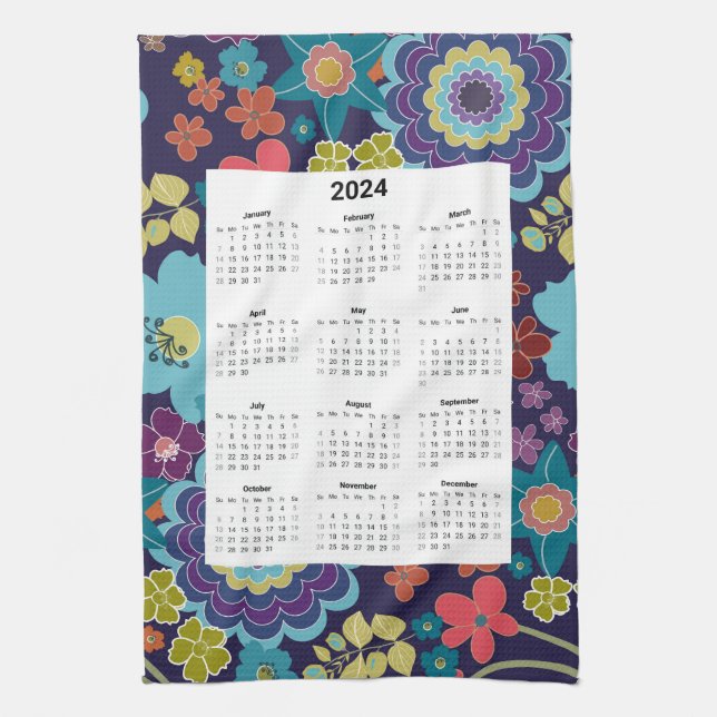 Bright floral 2024 monthly Calendar tea towel (Vertical)