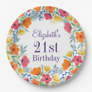 Bright Floral 21st Birthday  Paper Plate