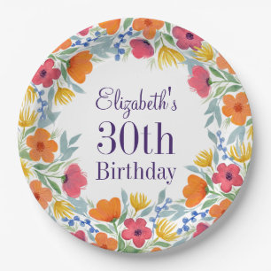 Bright Floral 30th Birthday Paper Plate