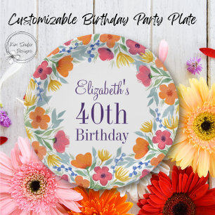 Bright Floral 40th Birthday  Paper Plate