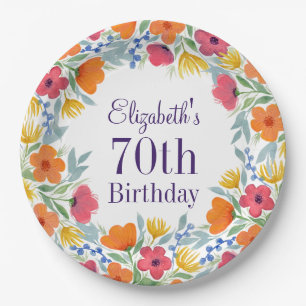 Bright Floral 70th Birthday  Paper Plate
