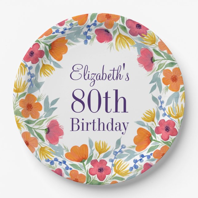 Bright Floral 80th Birthday  Paper Plate (Front)