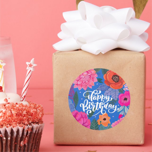 Bright Floral Birthday greeting card Classic Round Sticker (Party)