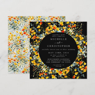 Bright Floral Black Square Wedding Invitation