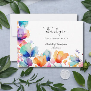 Bright Floral Blue Orange Watercolor Wedding Thank You Card