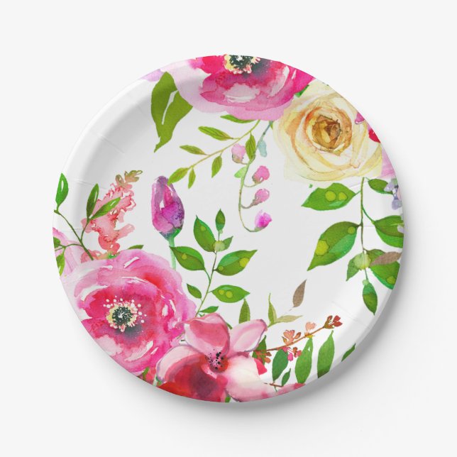 Bright Floral Bold Pink Spring Botanical Modern Paper Plate (Front)