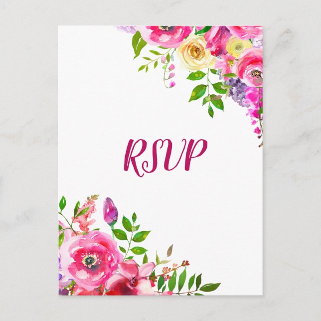 Bright Floral Bold Pink Spring Botanical RSVP Invitation Postcard (Front)