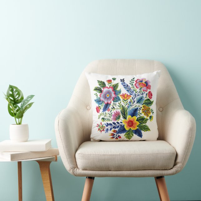 Bright Floral Bouquet Faux Yarn Embroidery  Cushion (Chair)