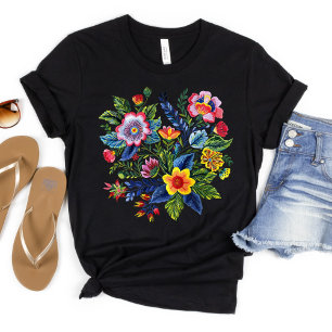 Bright Floral Bouquet Faux Yarn Embroidery T-Shirt