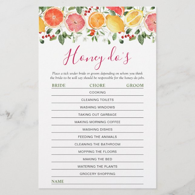 Bright Floral Citrus Slice Bridal Shower Game (Front)