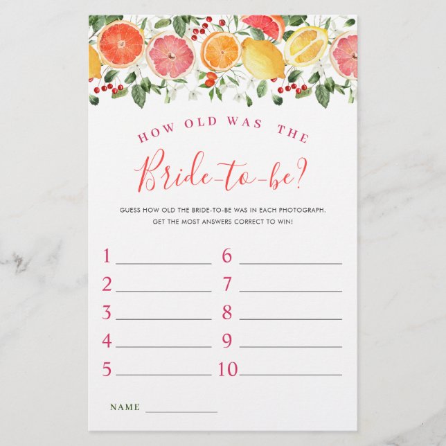 Bright Floral Citrus Slice Bridal Shower Game (Front)