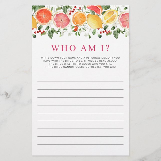 Bright Floral Citrus Slice Bridal Shower Game (Front)