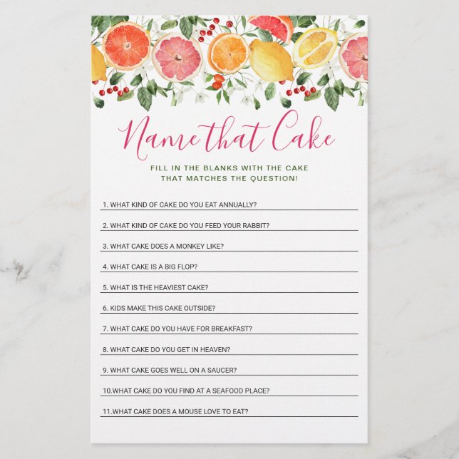 Bright Floral Citrus Slice Bridal Shower Game (Front)