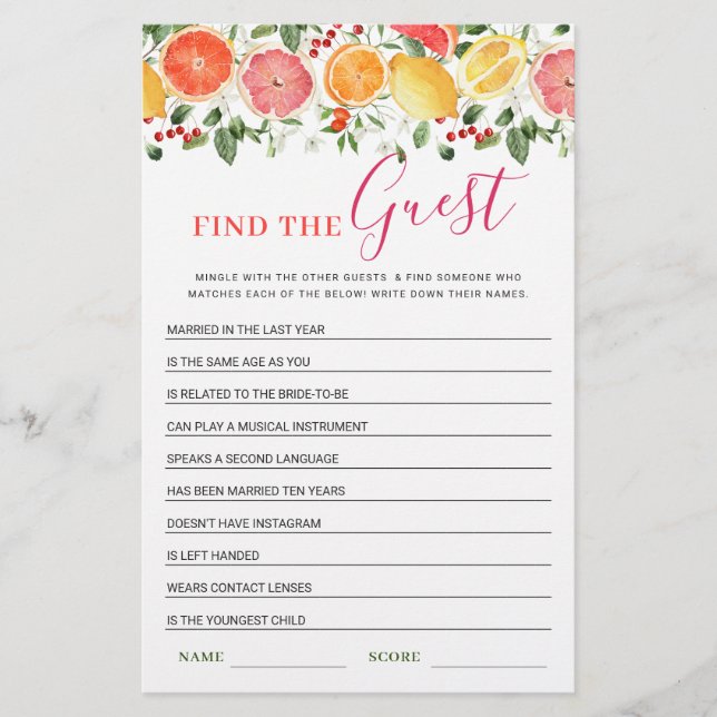 Bright Floral Citrus Slice Bridal Shower Game (Front)