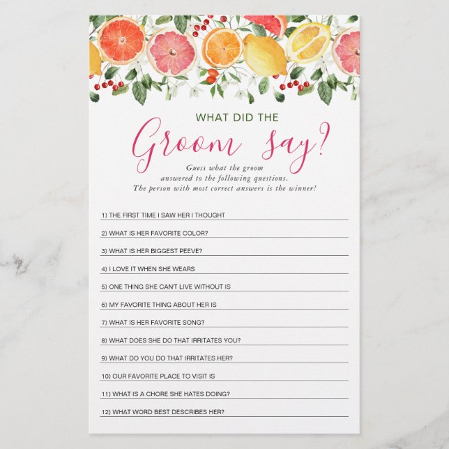 Bright Floral Citrus Slice Bridal Shower Game (Front)