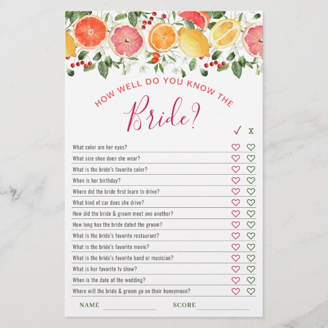 Bright Floral Citrus Slice Bridal Shower Game (Front)