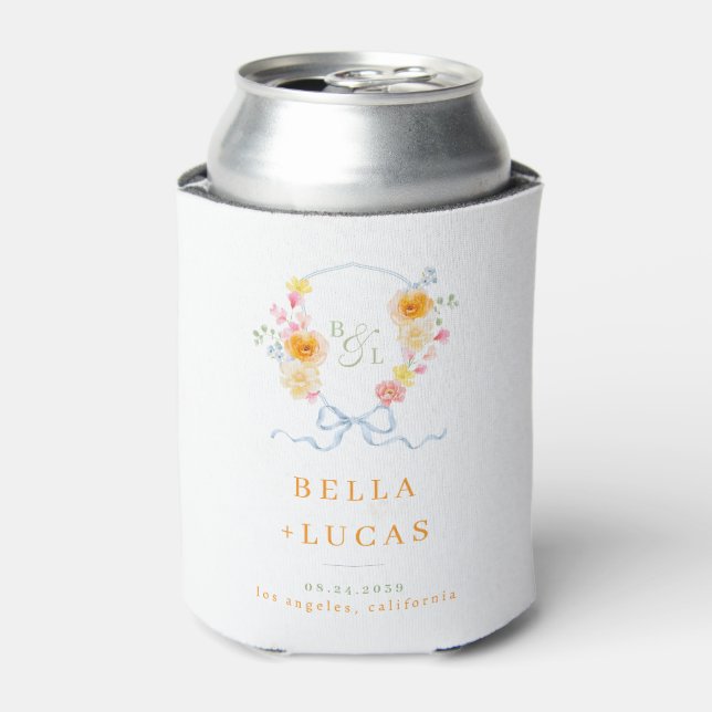 Bright Floral Crest Monogram Spring Wedding Favor Can Cooler (Can Front)