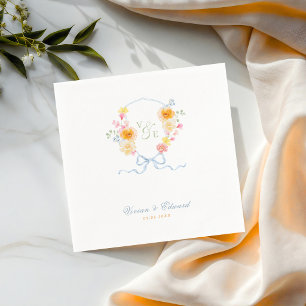 Bright Floral Crest Monogram Spring Wedding Napkin