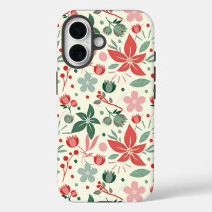 Bright Floral Design with Green Leaves and Dot iPhone 16 Case