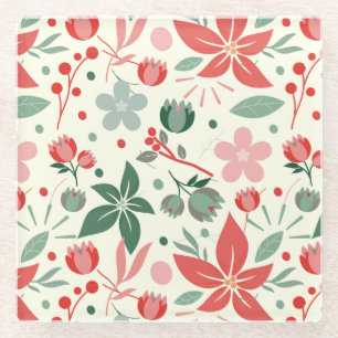 Bright Floral Design with Green Leaves and Dot Glass Coaster