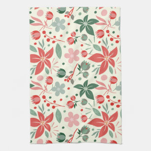 Bright Floral Design with Green Leaves and Dot Tea Towel