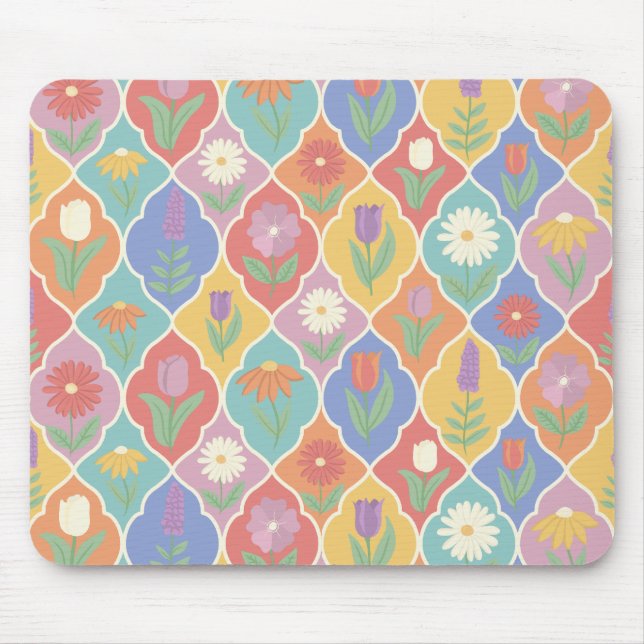Bright Floral Frame Pattern – Colorful Botanical Mouse Mat (Front)