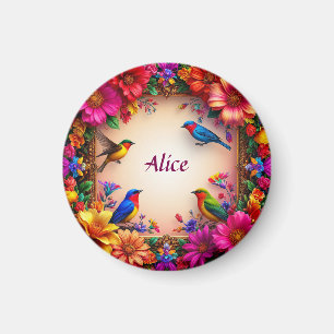 Bright Floral Frame with Colourful Birds in Nature Magnet