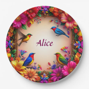 Bright Floral Frame with Colourful Birds in Nature Paper Plate