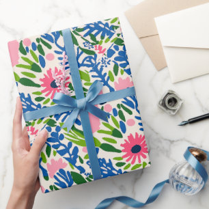 Bright Floral Fun Happy Pink Blue Green Bold Chic Wrapping Paper