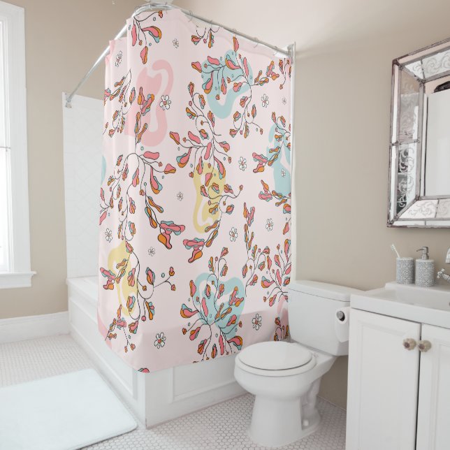 Bright, floral hidden cat pattern, pink base shower curtain (In Situ)