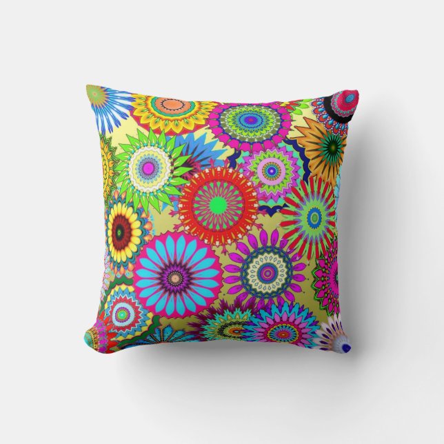 Bright floral hippy cushion, hipster cool cushion (Front)