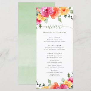 Bright floral hot pink orange baby shower menu