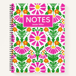 Bright Floral Magenta Orange Green Personalised Notebook