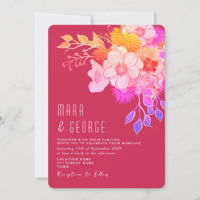 Bright Floral Magenta Wedding Invitation (Front)