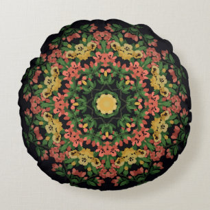 Bright floral mandala with red and yellow flowers. round cushion